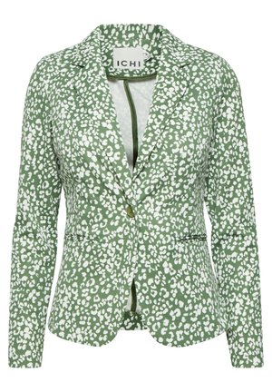 Green blazer with white spotted pattern, single button closure, notched lapels, and two front pockets. Made from a textured fabric.