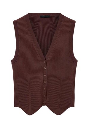 Gilet sans manches marron en maille côtelée boutonnée avec col en V et un ourlet légèrement pointu.