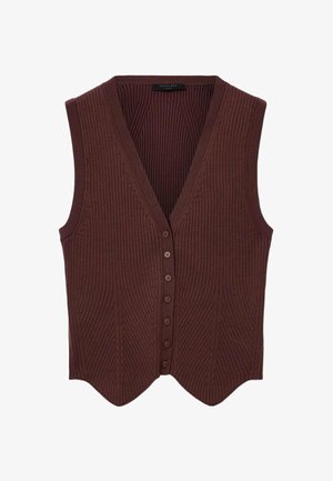 Gilet sans manches marron en maille côtelée boutonnée avec col en V et un ourlet légèrement pointu.