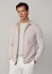 Gilet senza maniche color beige chiaro sopra una camicia a maniche lunghe grigia chiara. Presenta una chiusura a zip e un colletto a contrasto. Tessuto dalla trama liscia.