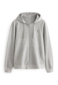 Gray zip-up hoodie made of soft fabric, featuring a lined hood, two front pockets, and a small logo accent on the left chest area.