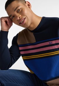 Maglione lavorato a maglia di colore blu navy, con righe marroni, rosa e blu, colletto rotondo e piccolo logo ricamato sul petto. Tessuto morbido.