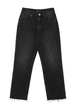 Jean en denim noir avec une taille haute, une coupe évasée et des ourlets effilochés. Le tissu a un léger éclat et des détails de couture minimaux.