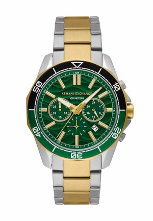 Zielony tarczowy zegarek chronograf Armani Exchange z metalową bransoletą w kolorze złota i srebra, złotymi indeksami i wyświetlaczem daty na godzinie 4.