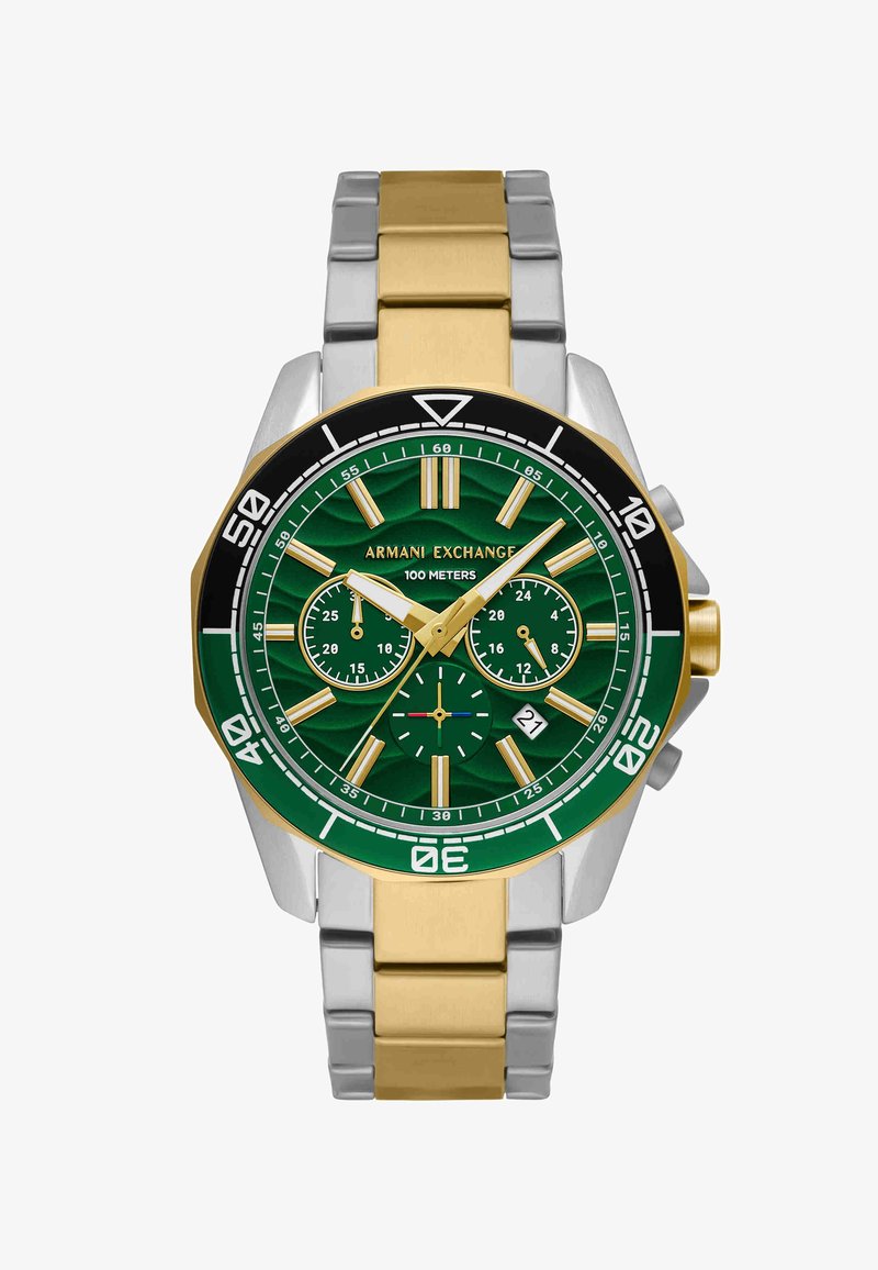 Orologio cronografo Armani Exchange con quadrante verde, cinturino in metallo dorato e argentato, indici dorati e data a ore 4.
