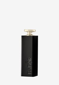 Black rectangular perfume bottle with a gold stopper, featuring an embossed logo on the side and a smooth matte finish.