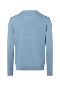 Maglione azzurro chiaro realizzato in tessuto lavorato a maglia, con maniche lunghe, scollo rotondo, polsini a costine e una texture liscia. Vista posteriore mostrata.