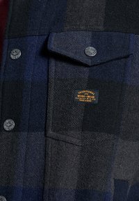 Giacca camicia in pile a quadri navy e nera, con bottoni metallici e taschino sul petto con etichetta del marchio. Tessuto in lana testurizzato.
