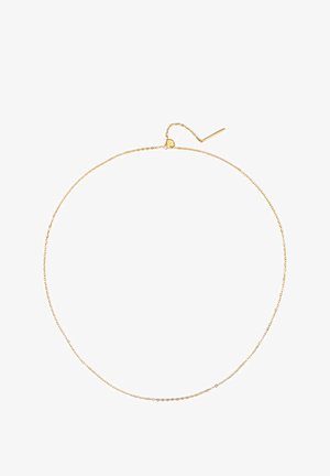 Collana in oro con un design delicato, caratterizzata da un pattern a maglie fini e una chiusura scorrevole per una lunghezza regolabile.