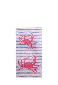 Cotton beach towel with blue and white striped pattern, featuring two large pink crab designs. Finished with tassels along the edges.