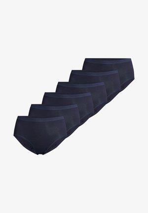 Lot de six slips en coton bleu marine avec une texture lisse et une ceinture élastique, conçus pour un ajustement confortable.