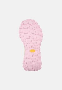 Vibram outsole features rugged pink rubber with a zigzag tread pattern; yellow logo and size 38 embossed near the heel.