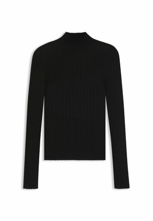 Musta ribattura turtleneck-pusero, jossa on pitkät hihat, muotoiltu design ja teksturoitu kangas, viimeistelty lovikuitureunuksella.