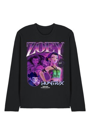 Black long-sleeve shirt with purple graphic of animated female character "Zoey" in three poses, with text "Huntr X" and "Kpop Demon Hunters."