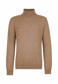 Polotröja i mjukt, ljust brunt stickat tyg. Har långa ärmar och en figurnära krage. Slät textur med ribbade detaljer vid ärmsluten och nederkanten.