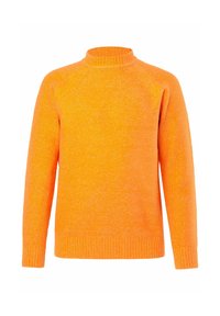 Oranssi neulepaita korkealla kauluksella, raglan-hihoilla ja resorikahteilla. Koko pinnassa teksturoitu kuviointi, joka korostaa pehmeää lopputulosta.