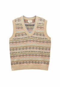 Ärmellose Strickweste in Beige mit mehrfarbigen Zickzack- und Streifenmustern. Das V-Ausschnitt-Design hat hellblaue Akzente am Kragen.