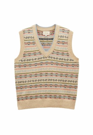 Ärmellose Strickweste in Beige mit mehrfarbigen Zickzack- und Streifenmustern. Das V-Ausschnitt-Design hat hellblaue Akzente am Kragen.
