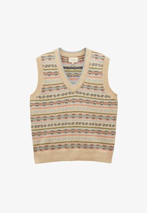 Pletená bezrukávová vesta v béžovej farbe s viacfarebnými cik-cakovými a pruhovanými vzormi. V-dekolt je zdobený svetlomodrými akcentmi okolo goliera.