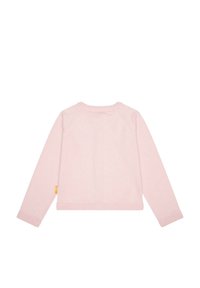 Maglione rosa chiaro con scollo a giro, maniche lunghe a raglan, polsini e orlo a coste, con una piccola etichetta gialla come accento laterale.