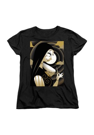 Black t-shirt featuring a graphic illustration of a character with a stitched face, long black hair, and swirling accents in gold tones.
