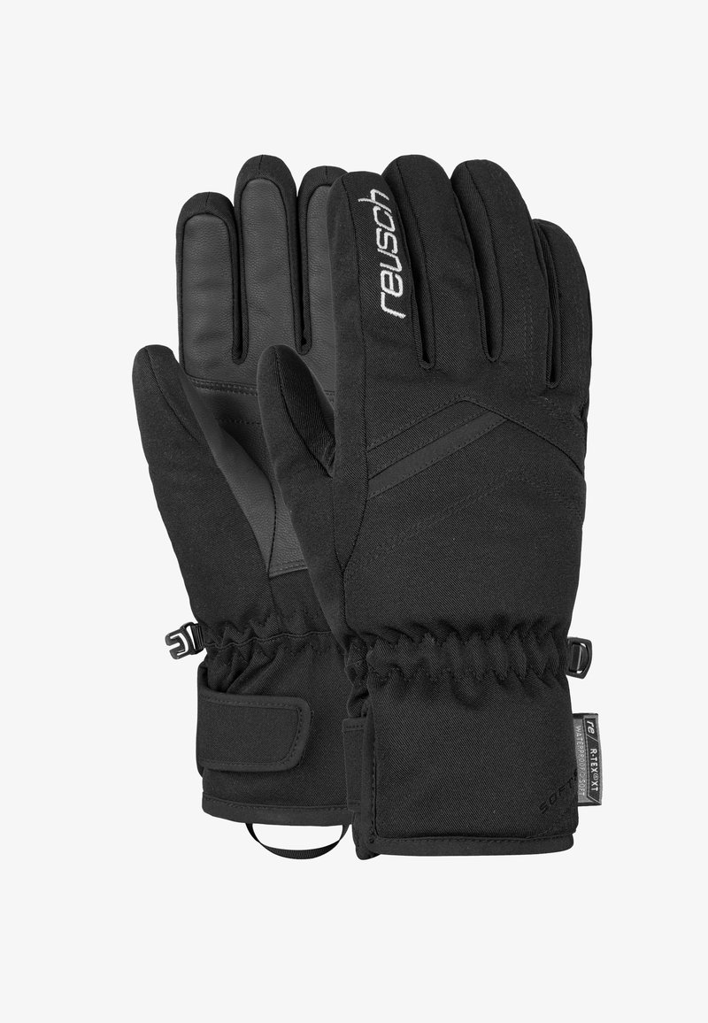 Guantes negros hechos de una tela duradera con una textura acolchada. Presentan palmas de cuero, puños elásticos y un detalle del logo en el lado exterior.