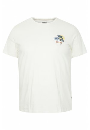 White cotton t-shirt featuring a round neckline and short sleeves. Notable graphic of palm trees and a sun on the left chest.