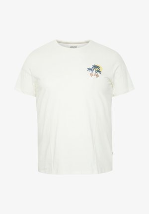 T-shirt en coton blanc avec un col rond et des manches courtes. Graphisme notable de palmiers et d'un soleil sur la poitrine gauche.