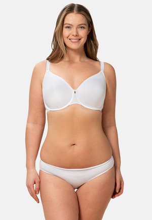 Weißer nahtloser BH mit verstellbaren Trägern, glatten Cups und einem Hakenverschluss. Kombiniert mit passenden weißen Unterhosen, die ein schlichtes Design zeigen.