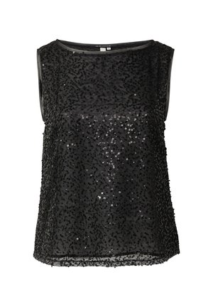 Zwarte mouwloze top van doorschijnende stof, bedekt met kleine zwarte pailletten, ronde halslijn en rechte zoom.