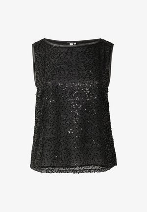 Zwarte mouwloze top van doorschijnende stof, bedekt met kleine zwarte pailletten, ronde halslijn en rechte zoom.
