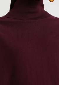 Donna con un maglione a collo alto a costine di un profondo bordeaux, con lunghi capelli neri lisci e una vista parziale di un orecchino in tartaruga.