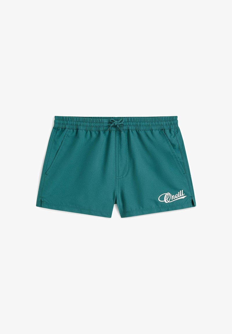 Turquoise zwemshorts gemaakt van lichtgewicht materiaal. Voorzien van een elastische tailleband met koord en een wit logo aan de zijkant.