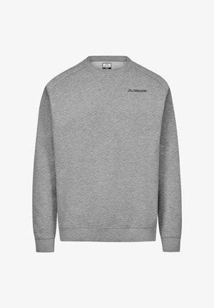 Felpa grigia con collo rotondo, polsini e orlo a coste. Presenta un piccolo logo nero sul petto. Il tessuto appare morbido e leggermente strutturato.