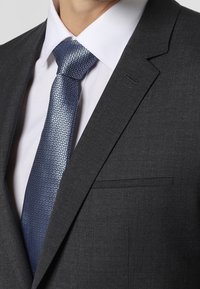 Uomo che indossa una giacca scura grigia, camicia bianca e cravatta blu a fantasia, mostrando la parte superiore del torso e dell'area del collo.