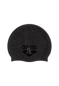 Sort silikone svømmekappe med tekstureret overflade og "arena" logo trykt i blank sort i midten foran.