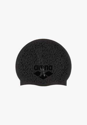 Bonnet de bain en silicone noir avec surface texturée et logo "arena" imprimé en noir brillant au centre avant.