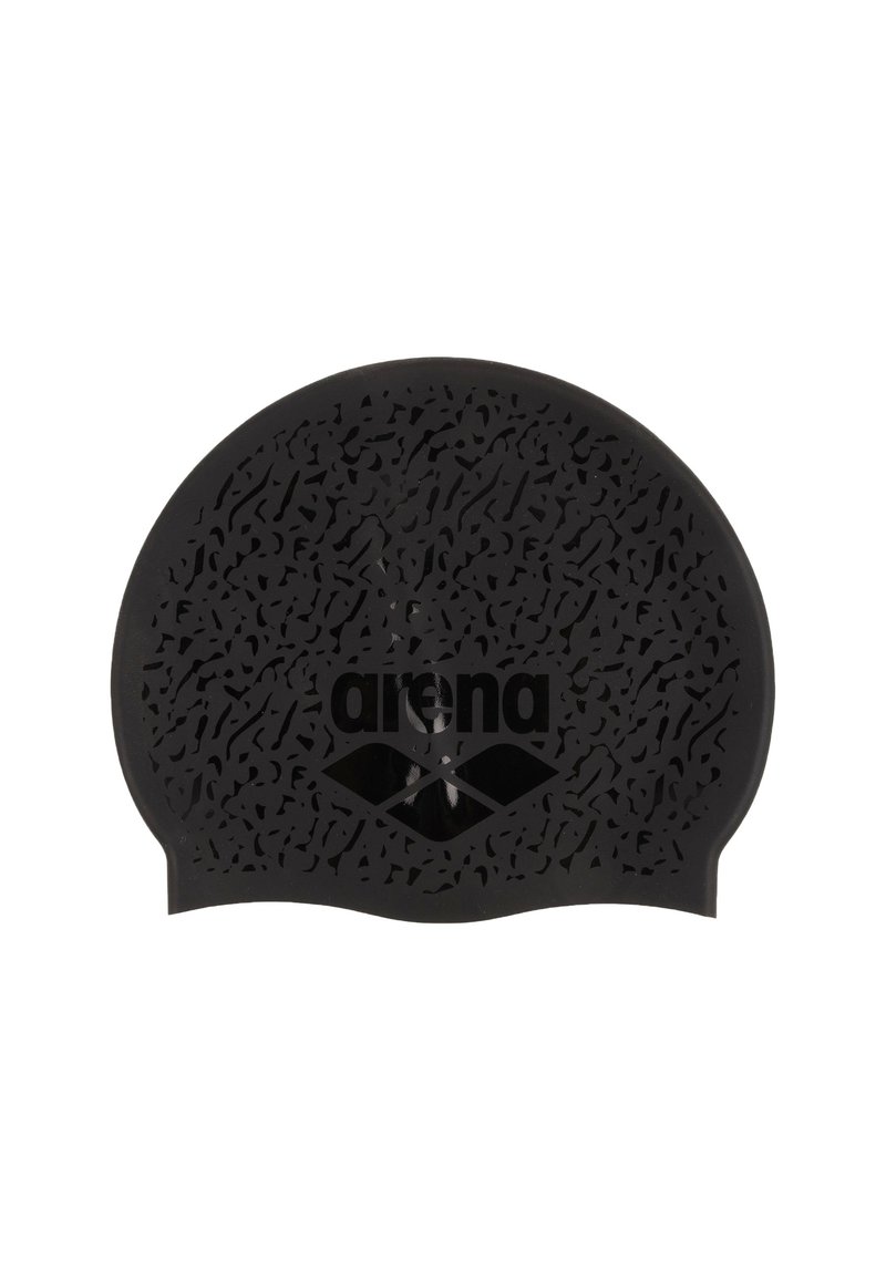 Sort silikone svømmekappe med tekstureret overflade og "arena" logo trykt i blank sort i midten foran.
