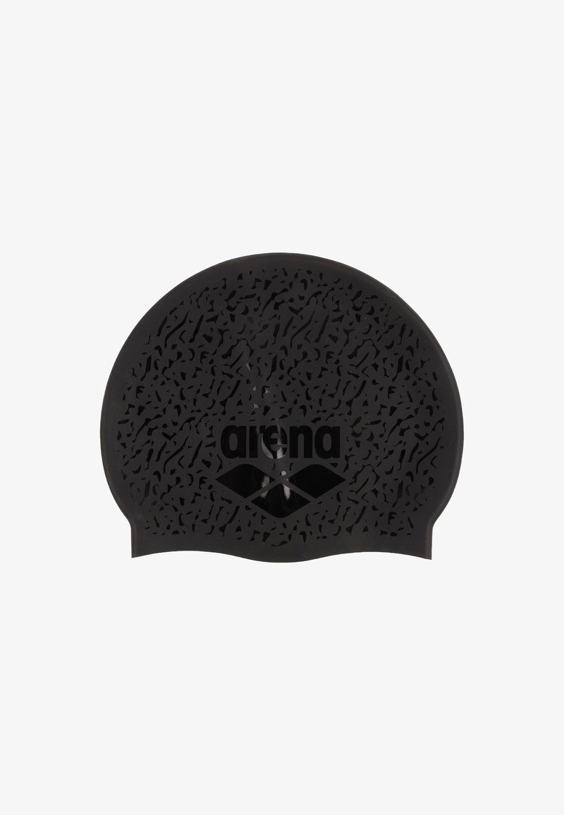 Sort silikone svømmekappe med tekstureret overflade og "arena" logo trykt i blank sort i midten foran.