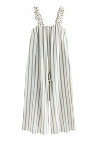 Gestreifter Jumpsuit mit Rüschenausschnitt, elastischem Taillenbund und weitem Bein in Weiß und Hellgrau. Aus leichtem Stoff hergestellt.