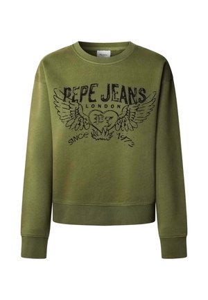 Olivengrøn sweatshirt med rund hals, lange ærmer, ribbede manchetter og et frontgrafik med vinger og tekst i sort.