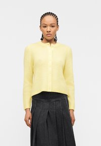 Γυναίκα που κοιτάει μπροστά, φοράει ανοιχτό κίτρινο ζακέτα με κουμπιά και σκουρόχρωμη πλισέ φούστα, με λευκό φόντο.