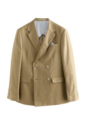 Double-breasted blazer in light brown linen, with notched lapels and two front pockets. Features button details and a contrasting inner lining.