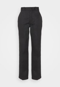 Black trousers with a smooth texture, straight-leg design, and a belted waist. Features a simple, classic silhouette without additional patterns.