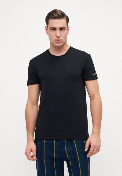 Black T-shirt made of cotton, featuring a round neck, short sleeves, and a small logo on the left sleeve. Smooth texture, simple design.