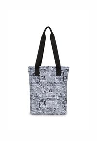 Svartvit tote-väska med serietidningsmönster som föreställer Wonder Woman, med två robusta svarta handtag och rektangulär form. Hållbart material.