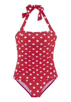 Roter Badeanzug mit Punkten, Halterneck-Bindung, gerafftem Design und weißen Punkten. Hergestellt aus glattem, dehnbarem Material für Komfort.