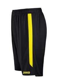 Schwarze Sportshorts mit einem gelben Netz-Seitenstreifen, elastischem Bund und gelbem "JAKO"-Logo an der unteren Vorderseite. Leichtes Material.