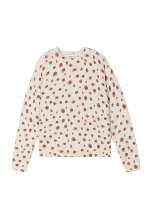 Crème trui met een ronde halslijn, versierd met bruine abstracte vlekken. Gemaakt van zacht, textuur materiaal, met ribgebreide manchetten en boord.