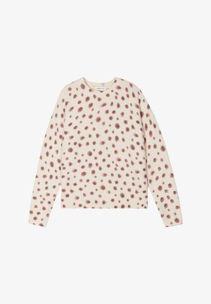 Cremfarbener Pullover mit Rundhalsausschnitt, verziert mit braunen abstrakten Flecken. Hergestellt aus weichem, strukturiertem Material, verfügt über gerippte Bündchen und Saum.